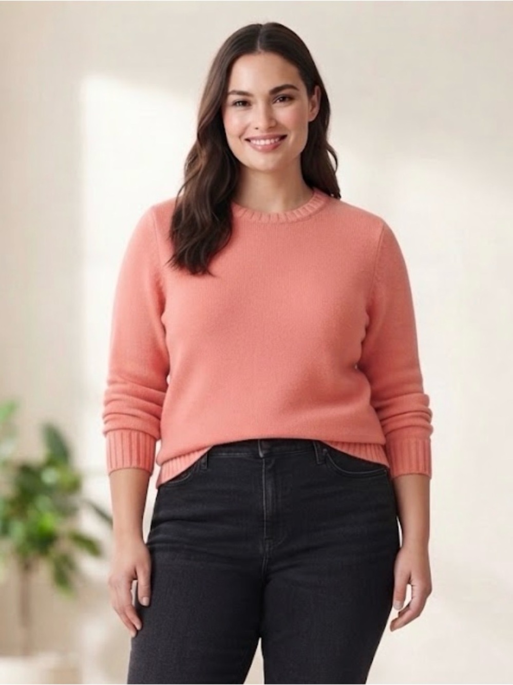Lands' End Women's 2X Coral Cotton Knit Crew Neck Ribbed Pullover Sweater